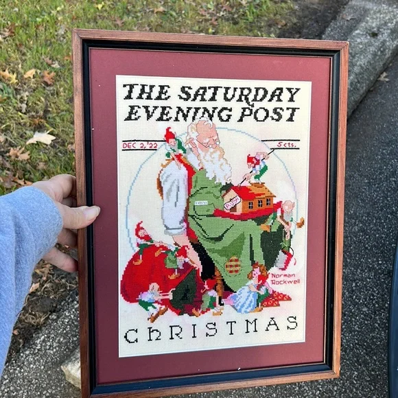 Norman Rockwell The Saturday Evening Post Christmas Handmade Framed Needlepoint